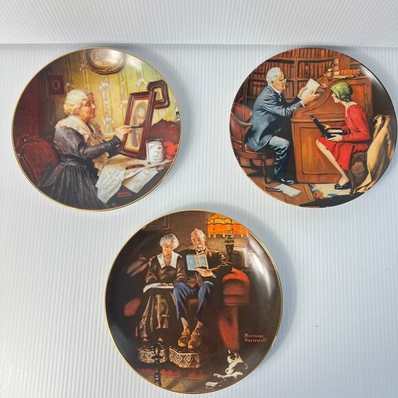 Set 3 Vintage Norman Rockwell Collectible Plates Edwin Knowles Grandma Grandpa - Picture 1 of 8